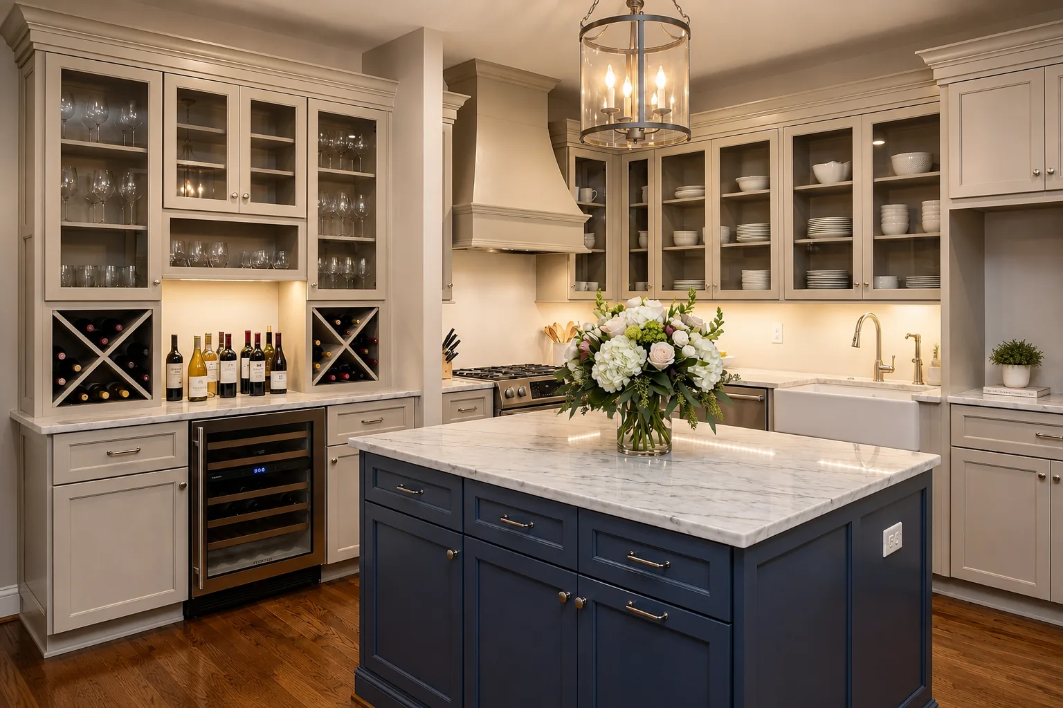 Beach home kitchen with navy island