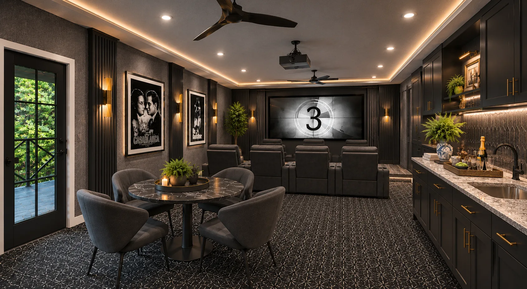 Home theater with rich finishes
