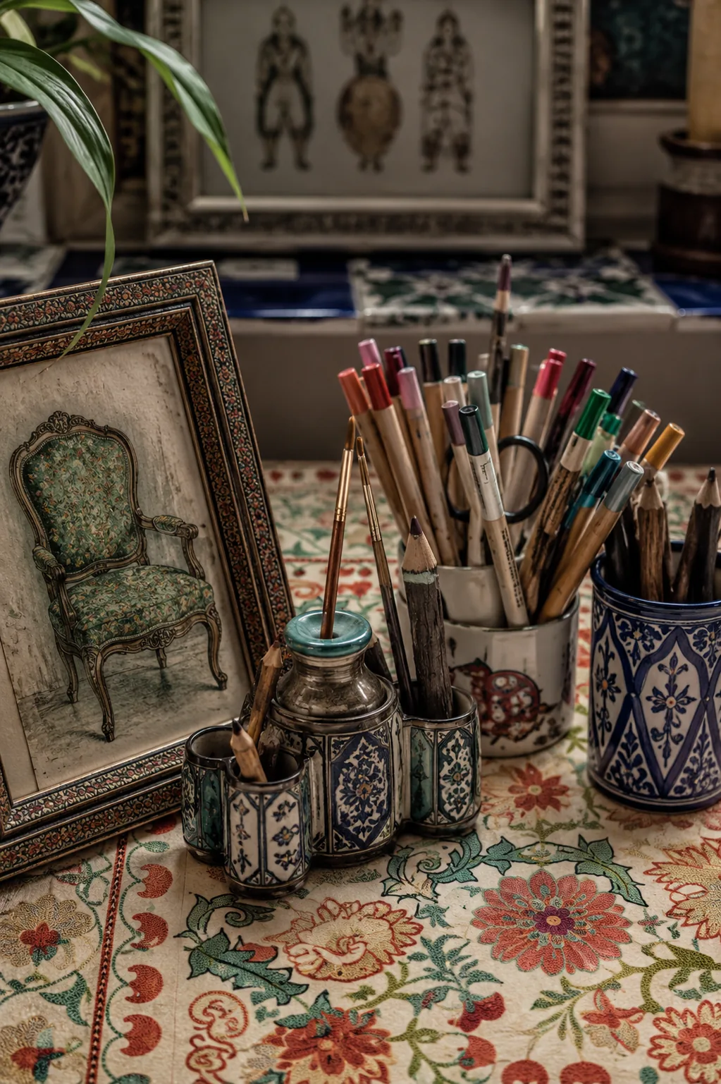 Suzani textile design inspiration with colored pencils